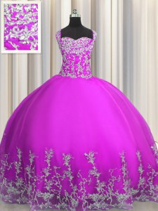 Modest Purple Straps Lace Up Beading and Appliques Ball Gown Prom Dress Sleeveless