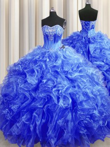 Royal Blue Quinceanera Gown Organza Sweep Train Sleeveless Beading and Ruffles