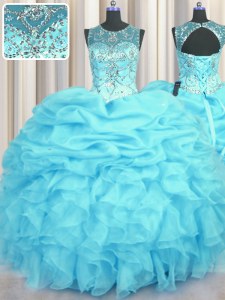 Best See Through Aqua Blue Scoop Neckline Beading and Ruffles and Pick Ups 15 Quinceanera Dress Sleeveless Lace Up