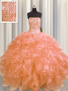 Beautiful Visible Boning Orange Strapless Neckline Beading and Ruffles 15 Quinceanera Dress Sleeveless Lace Up