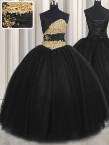 Floor Length Black Quinceanera Dresses Tulle Sleeveless Beading and Appliques and Ruching and Belt