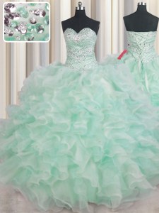 Floor Length Lace Up Quinceanera Dress Apple Green for Military Ball and Sweet 16 and Quinceanera with Beading and Ruffles