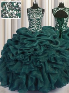 Captivating See Through Ball Gowns 15th Birthday Dress Teal Scoop Organza Sleeveless Floor Length Lace Up