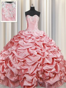 Baby Pink Ball Gowns Sweetheart Sleeveless Taffeta Brush Train Lace Up Beading and Pick Ups Sweet 16 Dress