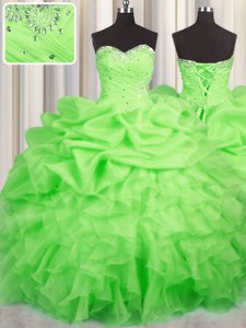 Glorious Ball Gowns Sweetheart Sleeveless Organza Floor Length Lace Up Beading and Ruffles and Ruching and Pick Ups 15th Birthday Dress