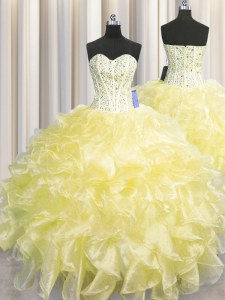 Wonderful Visible Boning Zipper Up Floor Length Light Yellow Sweet 16 Dress Organza Sleeveless Beading and Ruffles