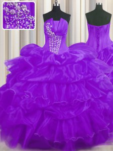 Admirable Purple Ball Gowns Beading and Ruffled Layers and Pick Ups 15 Quinceanera Dress Lace Up Organza Sleeveless Floor Length