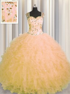 Sumptuous See Through Zipper Up Straps Sleeveless Tulle Quince Ball Gowns Beading and Ruffles Zipper