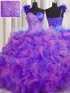Sumptuous One Shoulder Handcrafted Flower Multi-color Sleeveless Tulle Lace Up Quinceanera Dress for Military Ball and Sweet 16 and Quinceanera