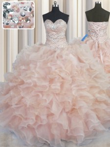 Floor Length Champagne Quince Ball Gowns Organza Sleeveless Beading and Ruffles