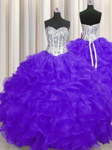 Super Organza Sleeveless Floor Length 15th Birthday Dress and Beading and Ruffles