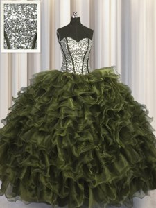 Luxurious Visible Boning Olive Green Sweetheart Lace Up Ruffles and Sequins Quinceanera Gown Sleeveless