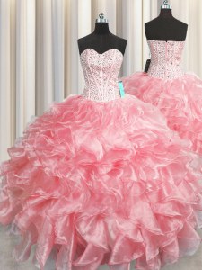 Exceptional Visible Boning Zipper Up Baby Pink Sleeveless Beading and Ruffles Floor Length Quinceanera Dress