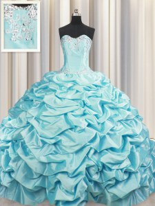 Glittering Brush Train Aqua Blue Lace Up Sweetheart Beading and Pick Ups Ball Gown Prom Dress Taffeta Sleeveless Sweep Train