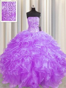 Ideal Visible Boning Lilac Ball Gown Prom Dress Military Ball and Sweet 16 and Quinceanera and For with Beading and Ruffles Strapless Sleeveless Lace Up