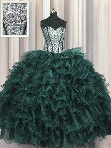 Decent Visible Boning Organza and Sequined Sweetheart Sleeveless Lace Up Ruffles and Sequins Quinceanera Gown in Peacock Green