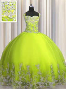 Ideal Floor Length Lace Up 15 Quinceanera Dress Yellow Green for Military Ball and Sweet 16 and Quinceanera with Beading and Appliques