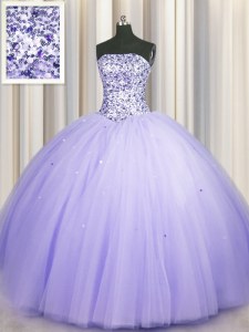 Decent Puffy Skirt Sleeveless Tulle Floor Length Lace Up Sweet 16 Dresses in Lavender with Beading and Sequins