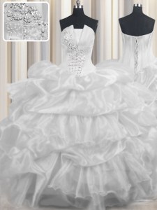 Fitting Sleeveless Organza Floor Length Lace Up Sweet 16 Quinceanera Dress in White with Beading and Ruffled Layers and Pick Ups