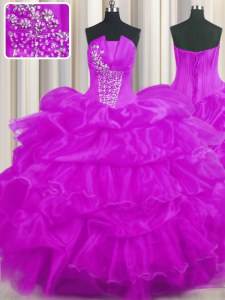 Suitable Sleeveless Floor Length Beading and Ruffled Layers and Pick Ups Lace Up Sweet 16 Quinceanera Dress with Purple