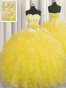 Hot Selling Handcrafted Flower Gold Sweetheart Lace Up Beading and Ruffles and Hand Made Flower 15th Birthday Dress Sleeveless