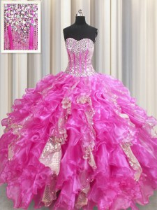 Gorgeous Visible Boning Beading and Ruffles and Sequins Quinceanera Dress Fuchsia Lace Up Sleeveless Floor Length