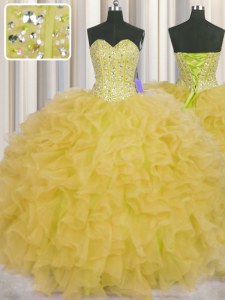 Visible Boning Yellow Ball Gowns Sweetheart Sleeveless Organza Floor Length Lace Up Beading and Ruffles and Sashes ribbons Ball Gown Prom Dress