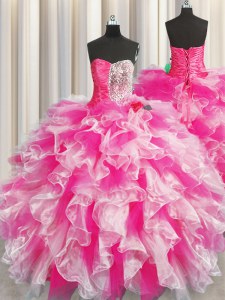 Pink And White Organza Lace Up Sweetheart Sleeveless Floor Length Sweet 16 Dress Beading and Ruffles and Ruching
