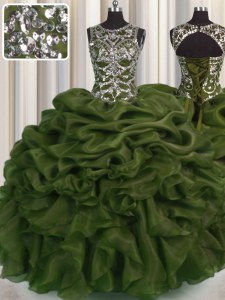 See Through Olive Green Lace Up Scoop Beading and Pick Ups Quinceanera Dress Organza Sleeveless