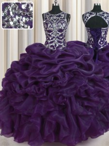 Scoop Dark Purple Organza Lace Up Quince Ball Gowns Sleeveless Floor Length Beading and Pick Ups