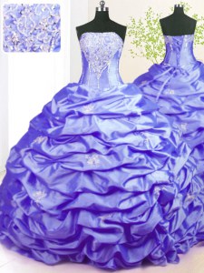 Custom Fit Pick Ups Lavender Sleeveless Taffeta Sweep Train Lace Up Quinceanera Dress for Military Ball and Sweet 16 and Quinceanera