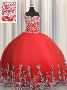 Suitable Coral Red Sleeveless Tulle Lace Up Sweet 16 Quinceanera Dress for Military Ball and Sweet 16 and Quinceanera