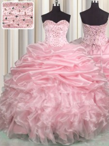 Fashionable Sleeveless Organza With Brush Train Lace Up Quinceanera Dresses in Baby Pink with Beading and Ruffles and Pick Ups