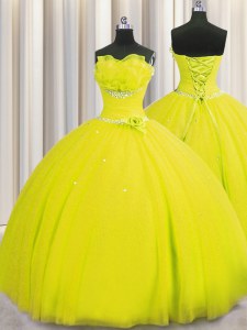 Amazing Handcrafted Flower Yellow Ball Gown Prom Dress Military Ball and Sweet 16 and Quinceanera and For with Beading and Sequins and Hand Made Flower Strapless Sleeveless Lace Up