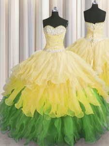 Multi-color Organza Lace Up Sweetheart Sleeveless Floor Length Quince Ball Gowns Beading and Ruffles and Ruffled Layers and Sequins