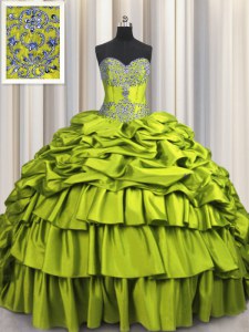 Great Brush Train Beading and Embroidery and Ruffled Layers and Pick Ups Quinceanera Dresses Olive Green Lace Up Sleeveless Floor Length