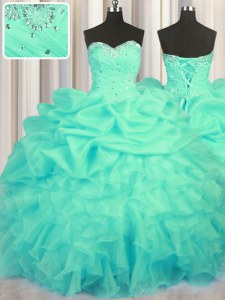 Glamorous Turquoise Ball Gowns Sweetheart Sleeveless Organza Floor Length Lace Up Beading and Ruffles and Ruching and Pick Ups Sweet 16 Dress