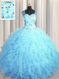 Excellent See Through Zipper Up Tulle Sleeveless Floor Length 15 Quinceanera Dress and Beading and Ruffles
