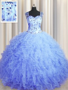 See Through Zipper Up Light Blue Zipper Square Beading and Ruffles Sweet 16 Quinceanera Dress Tulle Sleeveless