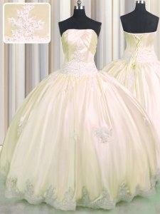 Clearance Champagne Taffeta Lace Up Strapless Sleeveless Floor Length Vestidos de Quinceanera Beading and Appliques