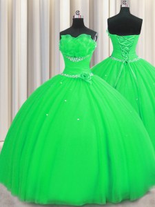 Vintage Handcrafted Flower Green Strapless Neckline Beading and Sequins and Hand Made Flower Sweet 16 Dress Sleeveless Lace Up