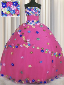 Vintage Strapless Sleeveless Sweet 16 Dresses Floor Length Hand Made Flower Hot Pink Tulle