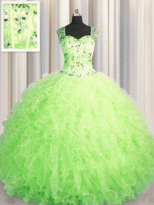 See Through Zipper Up Green Sweet 16 Dresses Military Ball and Sweet 16 and Quinceanera and For with Beading and Ruffles Straps Sleeveless Zipper