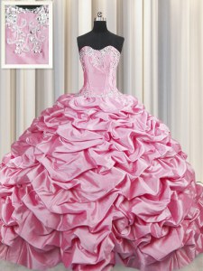 Wonderful Taffeta Sweetheart Sleeveless Brush Train Lace Up Beading and Pick Ups Quinceanera Dress in Rose Pink