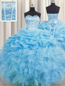 Custom Made Pick Ups Visible Boning Sweetheart Sleeveless Lace Up Quinceanera Gowns Baby Blue Organza