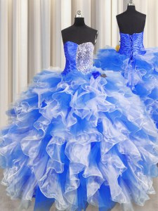 Blue And White Sweetheart Lace Up Beading and Ruffles and Ruching Sweet 16 Dress Sleeveless