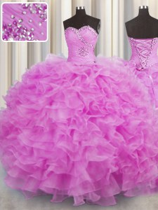 Designer Lilac Lace Up Quince Ball Gowns Beading and Ruffles Sleeveless Floor Length
