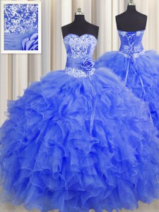 Glittering Handcrafted Flower Sleeveless Floor Length Beading and Ruffles and Hand Made Flower Lace Up Sweet 16 Dress with Royal Blue