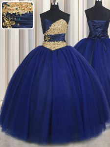 Floor Length Navy Blue Quinceanera Dresses Sweetheart Sleeveless Lace Up