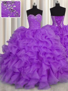 Purple Organza Lace Up Sweetheart Sleeveless Floor Length Sweet 16 Quinceanera Dress Beading and Ruffles